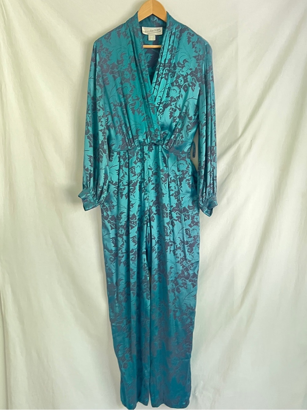 Vintage Silk Jacquard Jumpsuit Teal Draped Wide Leg Statement Evening Resort